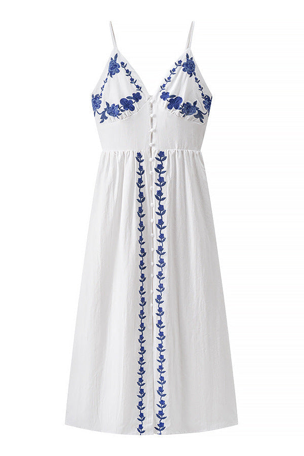 Thalina - Knielange Zomerjurk met blauwe borduurdetails