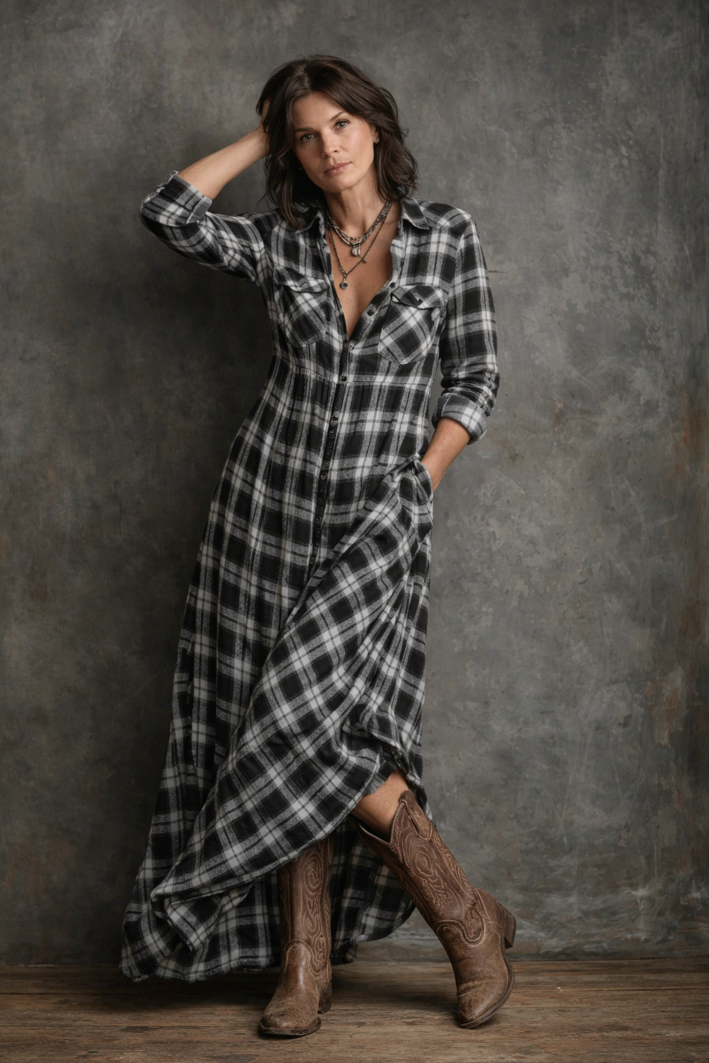 Elin - Geruite Maxi Jurk met lange mouwen