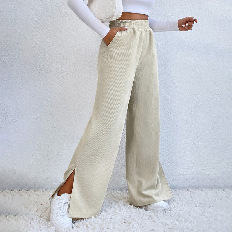 Moniek - Geribbelde Effen Kleur Casual Broek