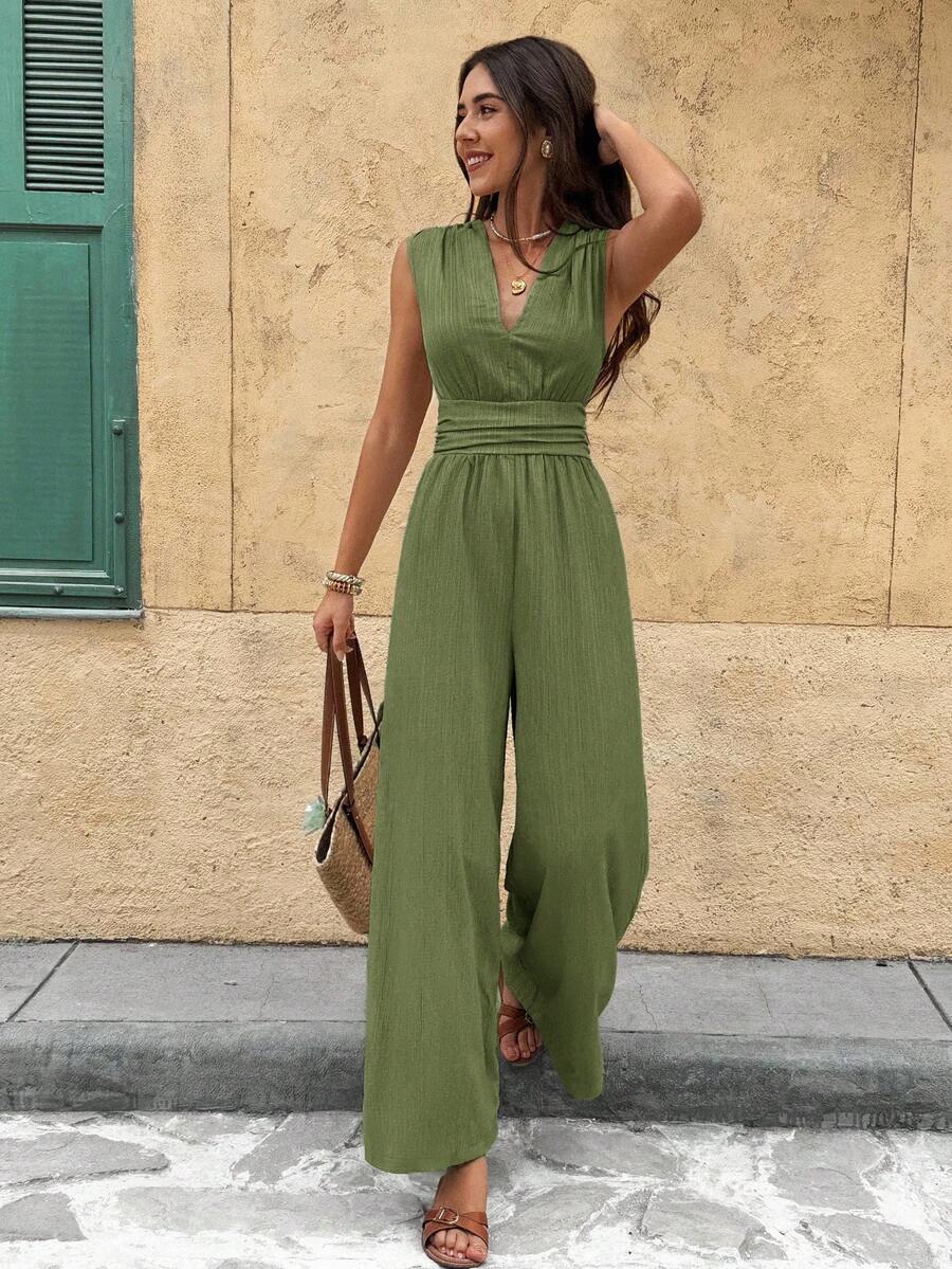 Marga | Effen jumpsuit met diepe V-hals en gerimpelde mouwen
