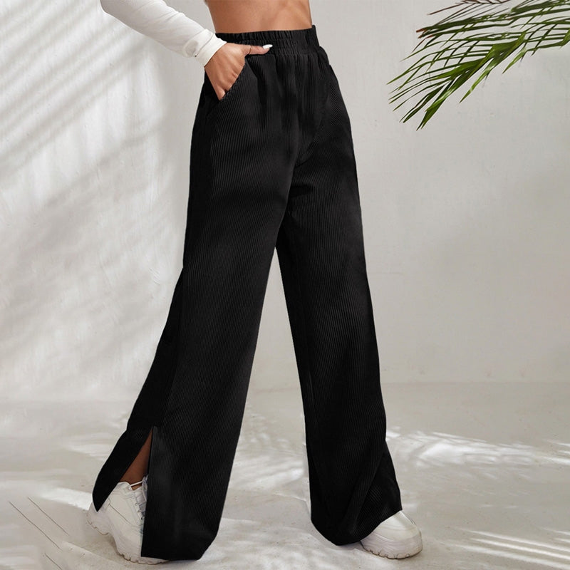 Moniek - Geribbelde Effen Kleur Casual Broek