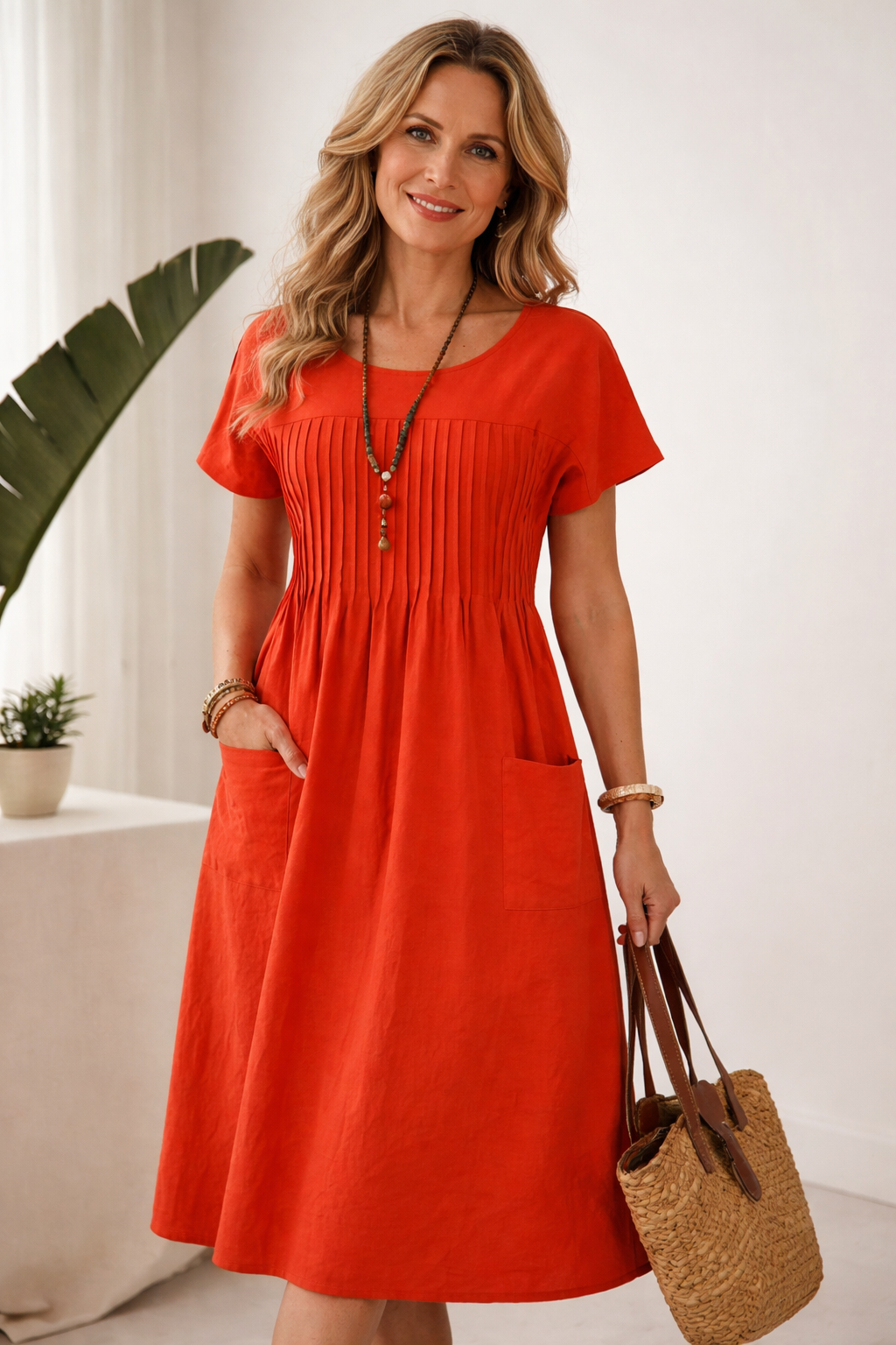 Linda - Comfortabele Midi Jurk met Steekzakken