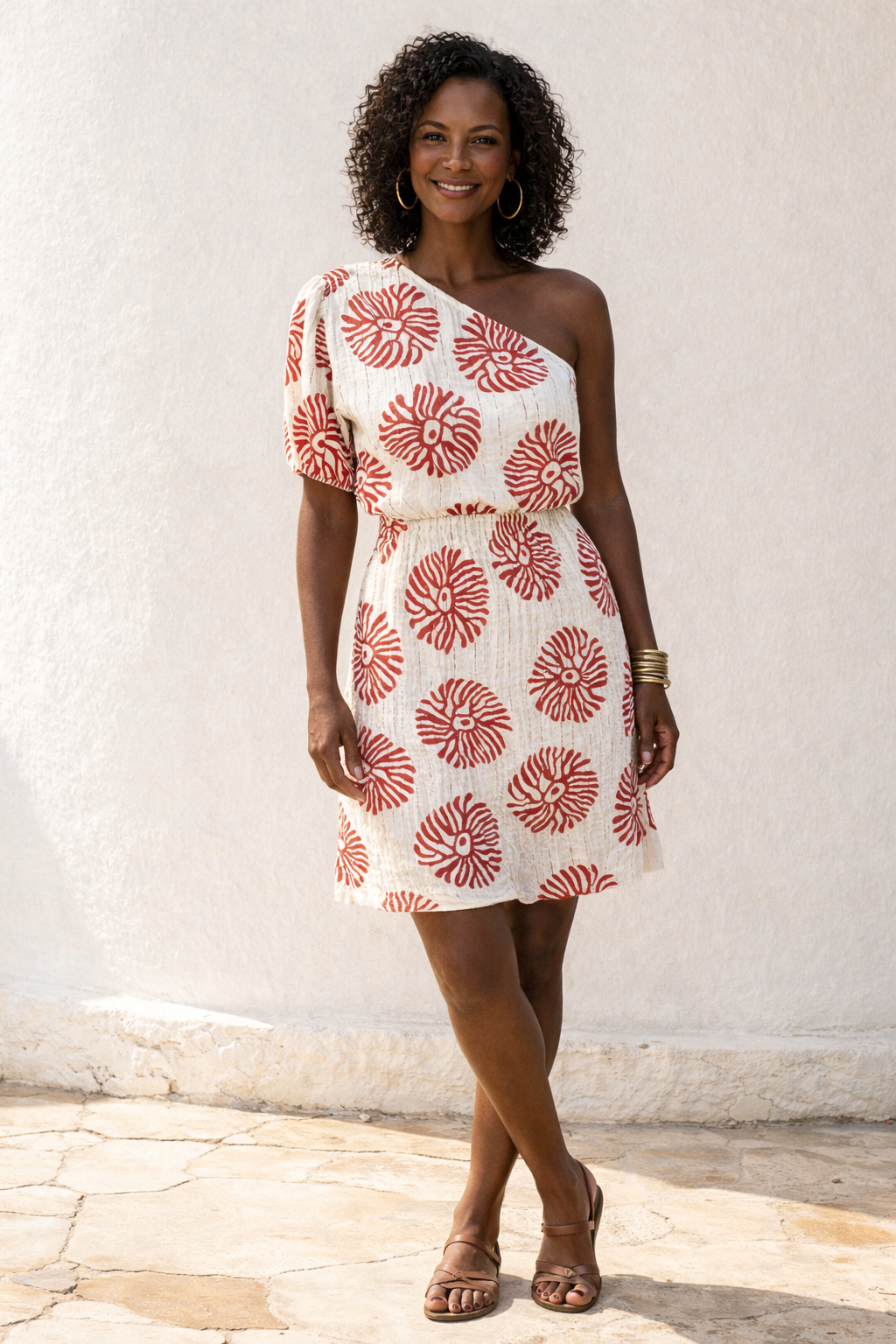 Sienna - One-shoulder Zomerjurk met rode print