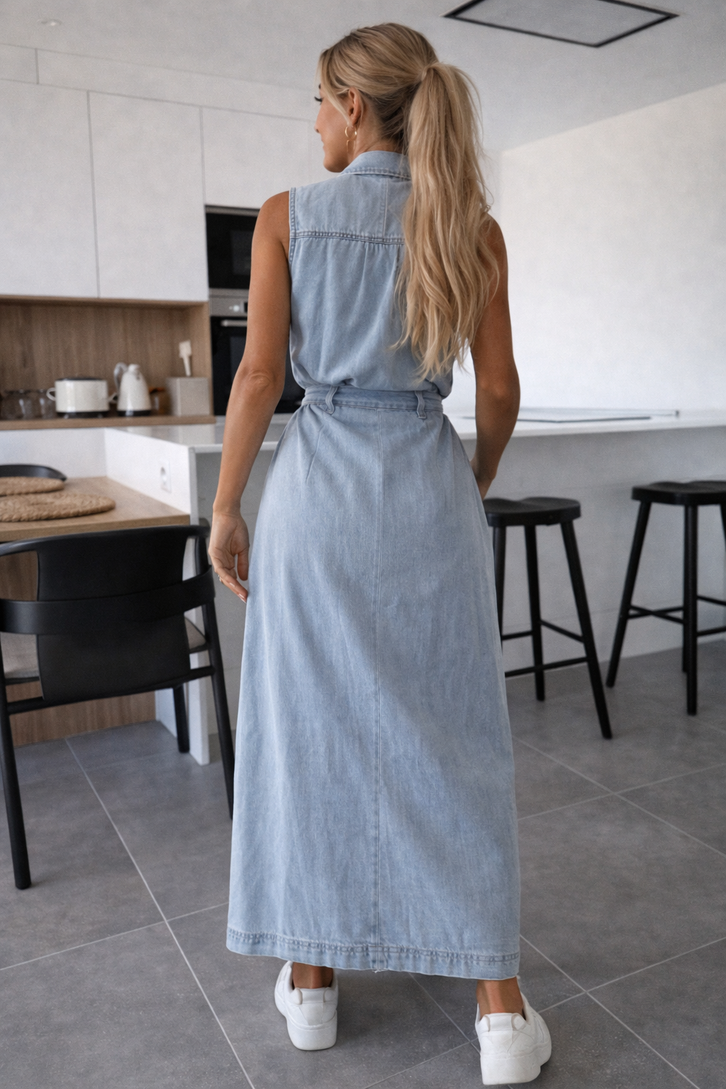 Mia - Denim Jurk Maxi met Tailleceintuur en Knopen