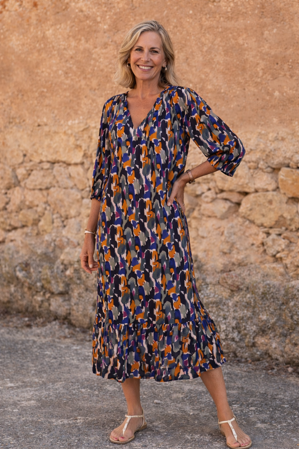 Veronica - Zomerjurk Midi met V-hals en retroprint