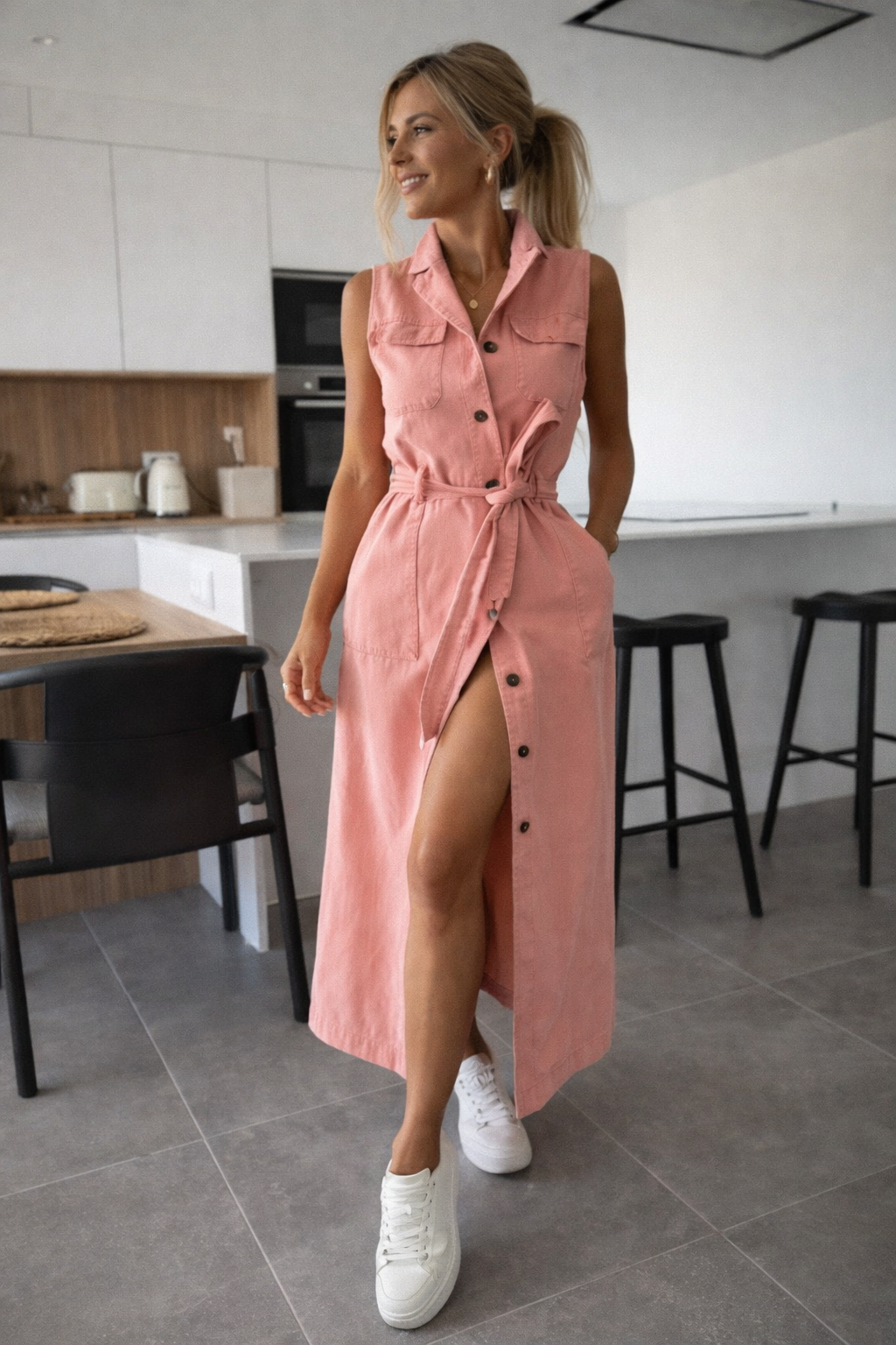 Mia - Denim Jurk Maxi met Tailleceintuur en Knopen