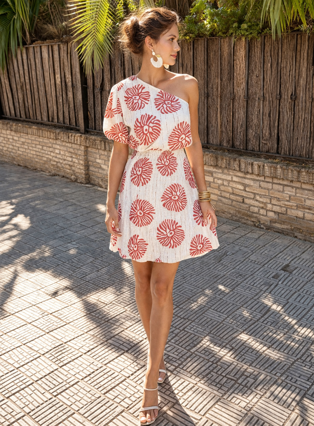 Sienna - One-shoulder Zomerjurk met rode print